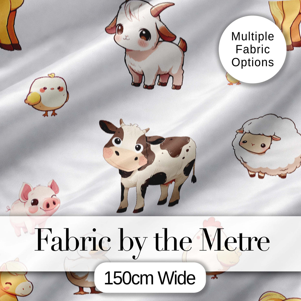 Cute Farm Animals Cow Pig Goat Chicken Duck Sheep Seamless Pattern Digital Print Fabric by the Metre UK Sewing Quilting Textile