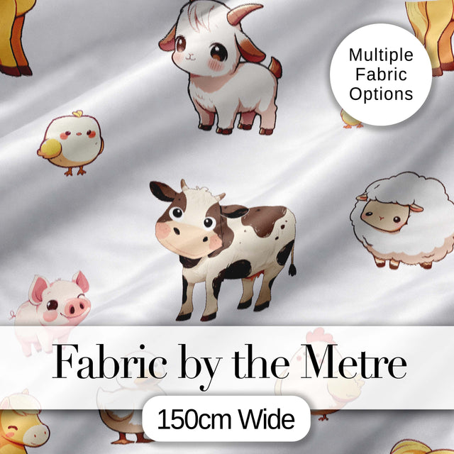 Cute Farm Animals Cow Pig Goat Chicken Duck Sheep Seamless Pattern Digital Print Fabric by the Metre UK Sewing Quilting Textile