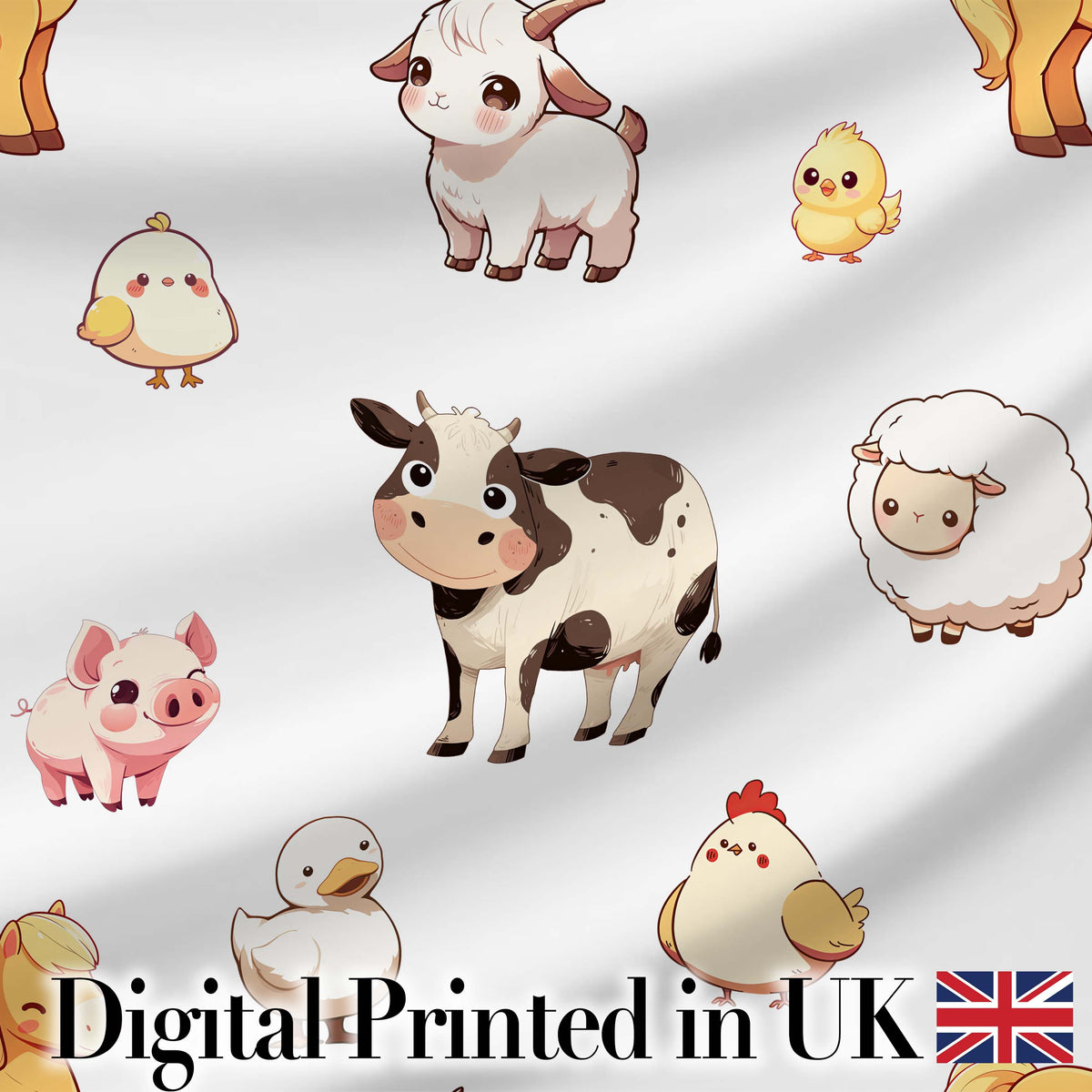 Cute Farm Animals Cow Pig Goat Chicken Duck Sheep Seamless Pattern Digital Print Fabric by the Metre UK Sewing Quilting Textile