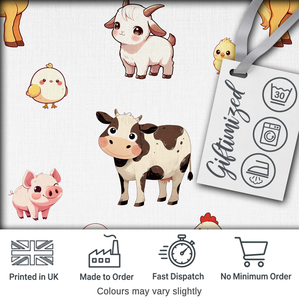 Cute Farm Animals Cow Pig Goat Chicken Duck Sheep Seamless Pattern Digital Print Fabric by the Metre UK Sewing Quilting Textile