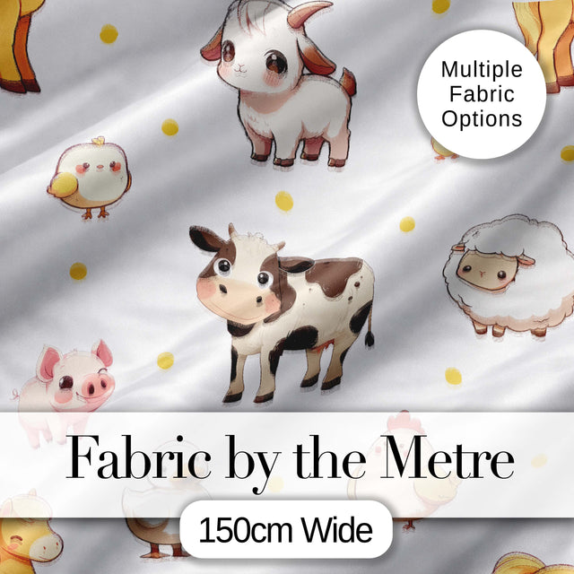 Cute Farm Animals Cow Pig Goat Chicken Duck Sheep Yellow Dots Seamless Pattern Digital Print Fabric by the Metre UK Sewing Quilting Textile