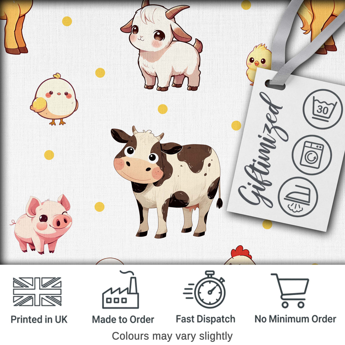 Cute Farm Animals Cow Pig Goat Chicken Duck Sheep Yellow Dots Seamless Pattern Digital Print Fabric by the Metre UK Sewing Quilting Textile