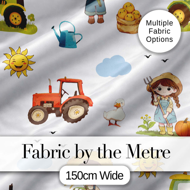 Cute Farm Tractor Farmer Girl Duck Sun Clouds Seamless Pattern Digital Print Fabric by the Metre UK Sewing Quilting Textile