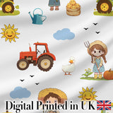 Cute Farm Tractor Farmer Girl Duck Sun Clouds Seamless Pattern Digital Print Fabric by the Metre UK Sewing Quilting Textile