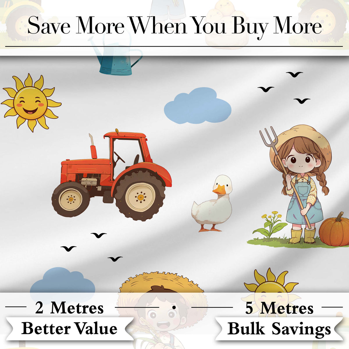 Cute Farm Tractor Farmer Girl Duck Sun Clouds Seamless Pattern Digital Print Fabric by the Metre UK Sewing Quilting Textile