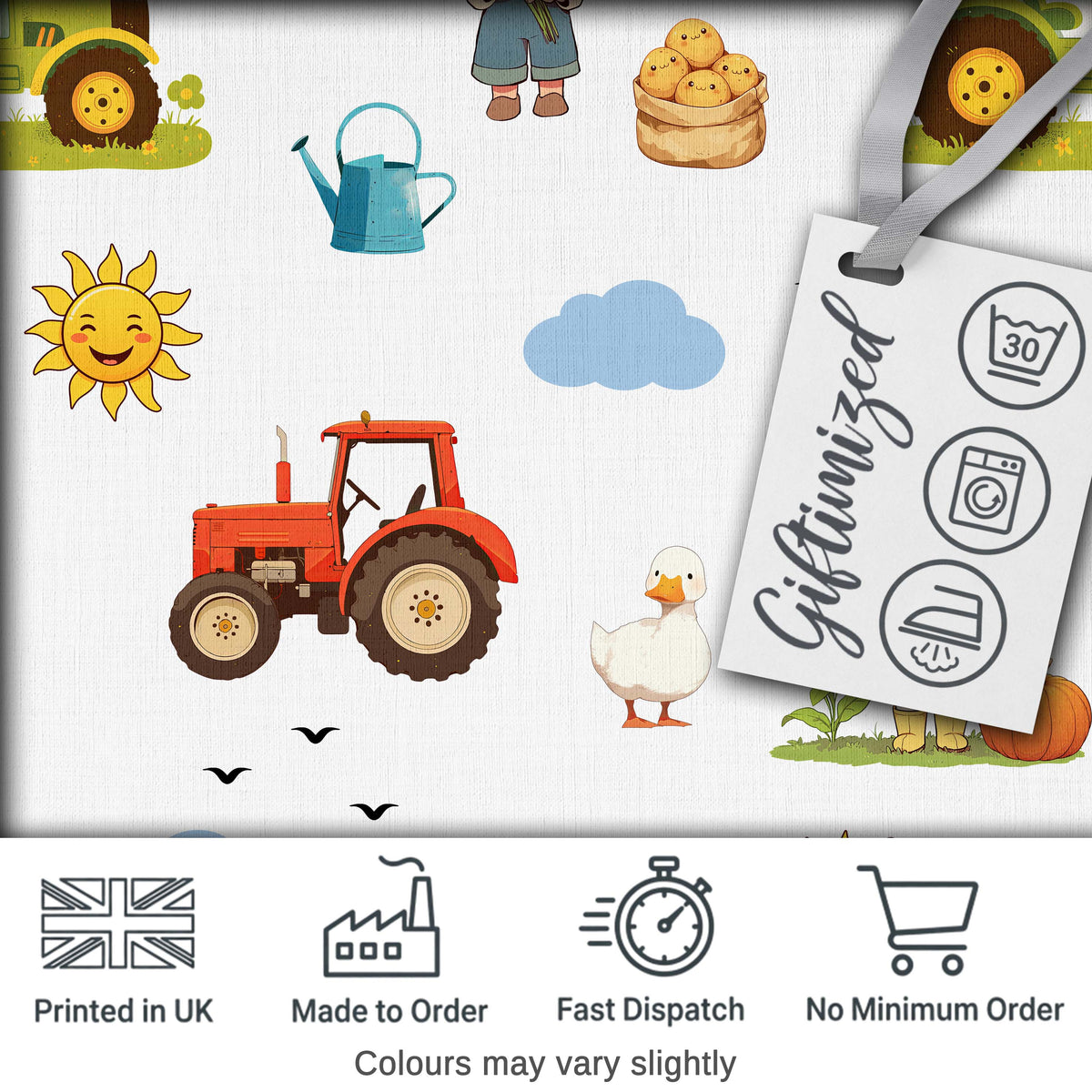 Cute Farm Tractor Farmer Girl Duck Sun Clouds Seamless Pattern Digital Print Fabric by the Metre UK Sewing Quilting Textile