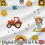 Cute Farm Tractor Farmer Girl Duck Sun Scene Seamless Pattern Digital Print Fabric by the Metre UK Sewing Quilting Textile