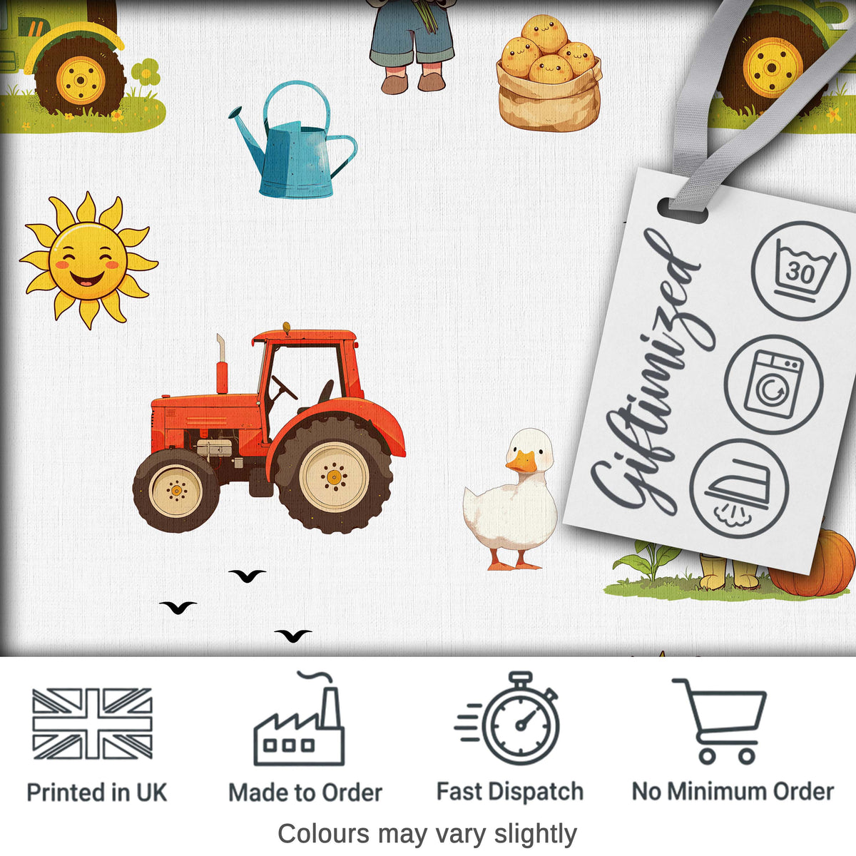 Cute Farm Tractor Farmer Girl Duck Sun Scene Seamless Pattern Digital Print Fabric by the Metre UK Sewing Quilting Textile