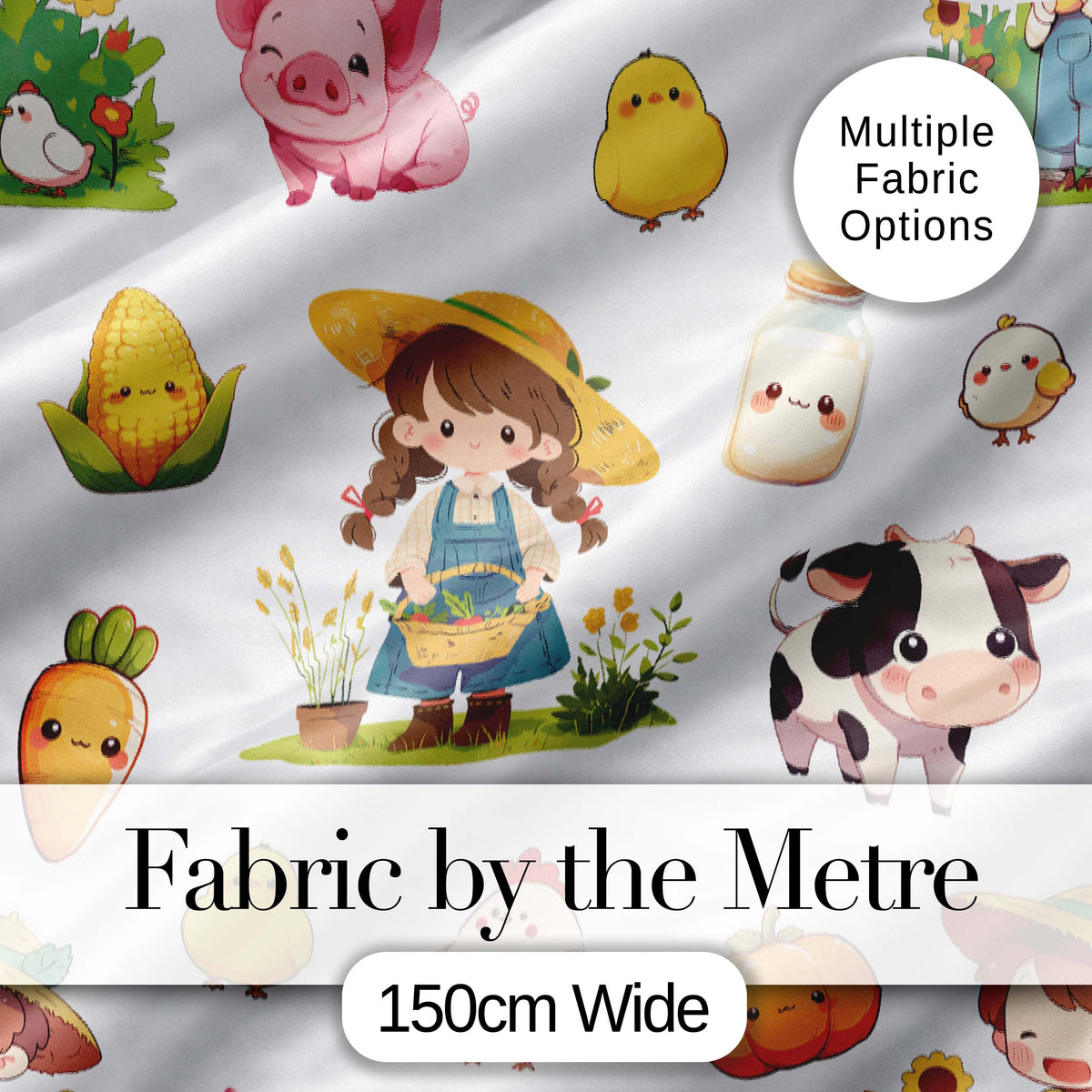 Cute Kawaii Farm Girl Cow Milk Corn Animals Seamless Pattern Digital Print Fabric by the Metre UK Sewing Quilting Textile