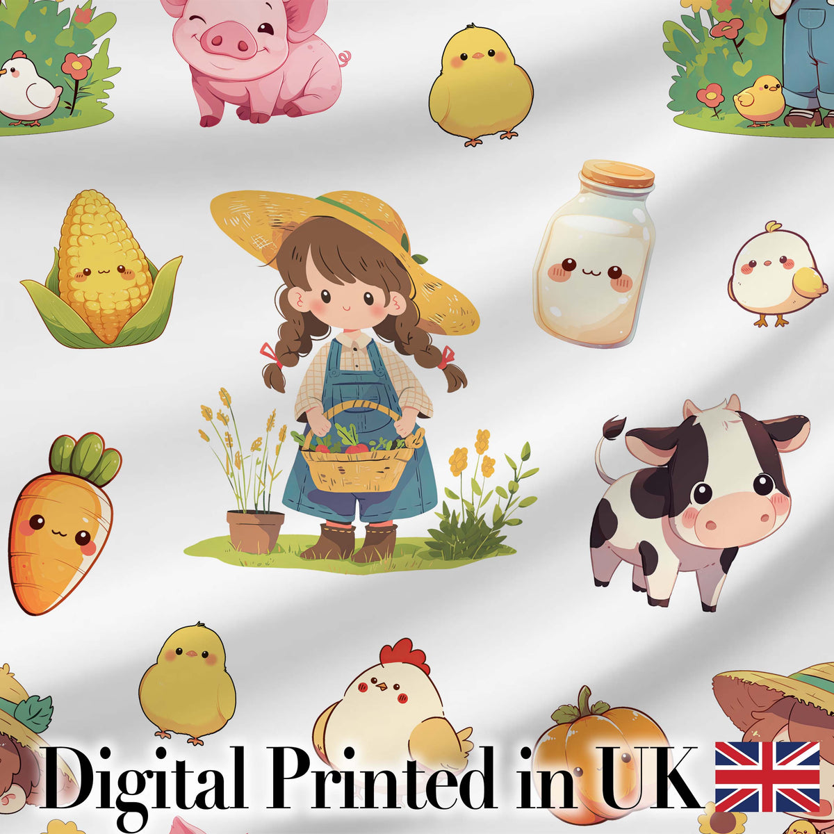 Cute Kawaii Farm Girl Cow Milk Corn Animals Seamless Pattern Digital Print Fabric by the Metre UK Sewing Quilting Textile
