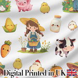 Cute Kawaii Farm Girl Cow Milk Corn Animals Seamless Pattern Digital Print Fabric by the Metre UK Sewing Quilting Textile