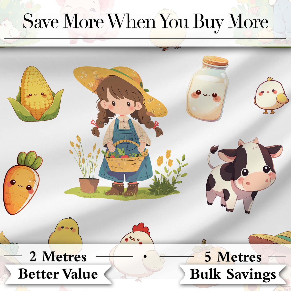 Cute Kawaii Farm Girl Cow Milk Corn Animals Seamless Pattern Digital Print Fabric by the Metre UK Sewing Quilting Textile