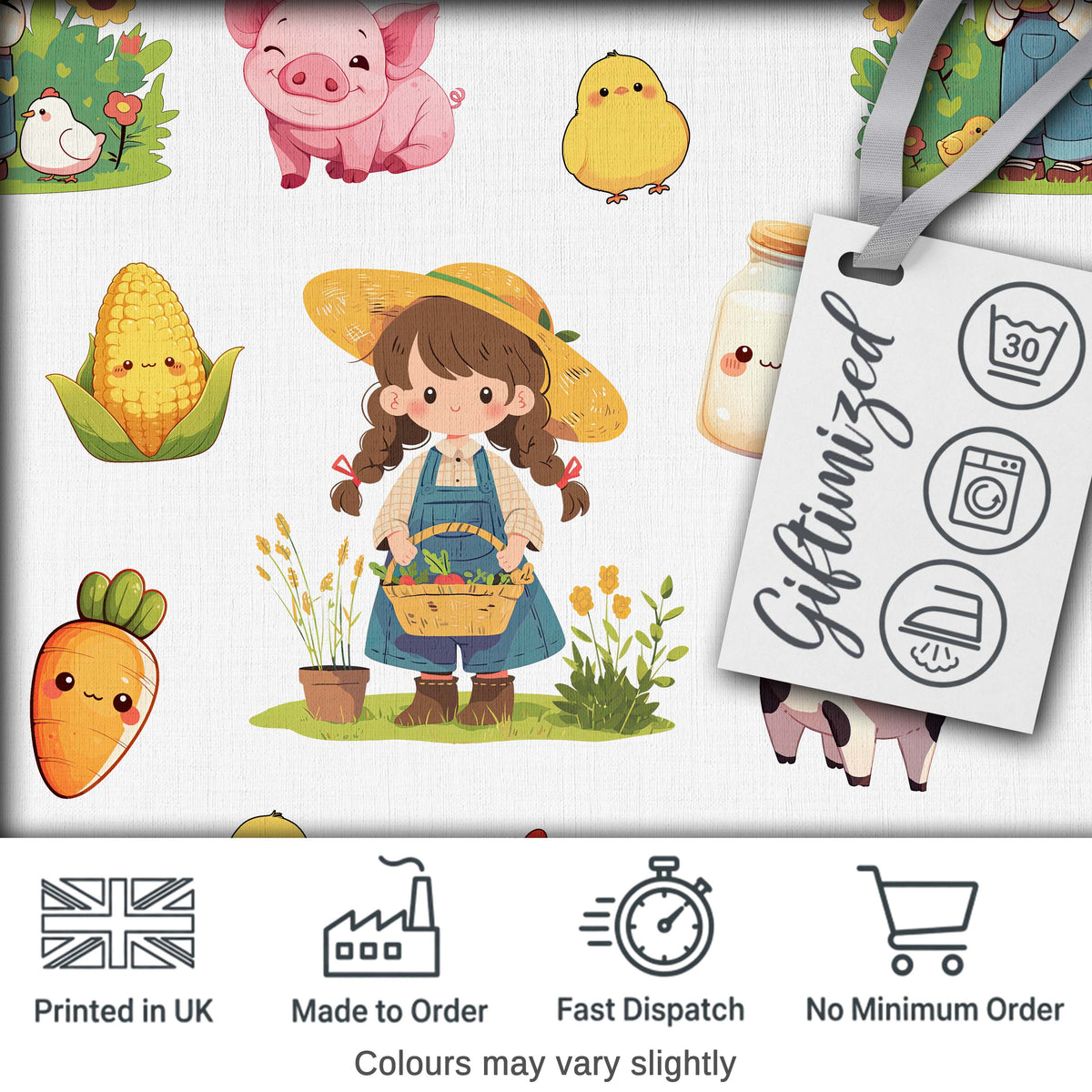 Cute Kawaii Farm Girl Cow Milk Corn Animals Seamless Pattern Digital Print Fabric by the Metre UK Sewing Quilting Textile