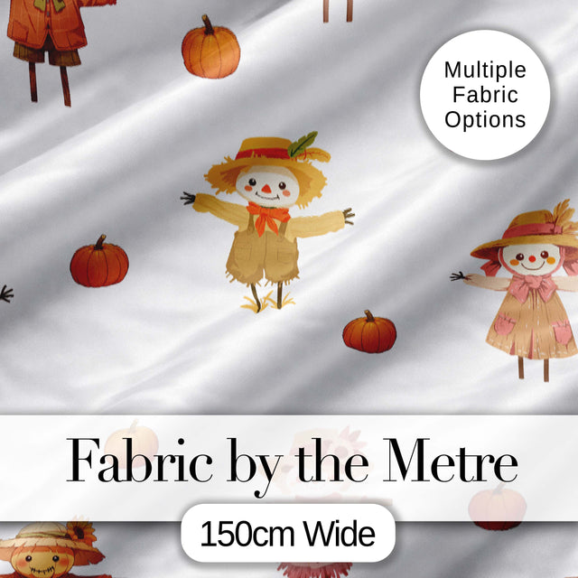Cute Autumn Scarecrow Pumpkin Farm Theme Seamless Pattern Digital Print Fabric by the Metre UK Sewing Quilting Textile