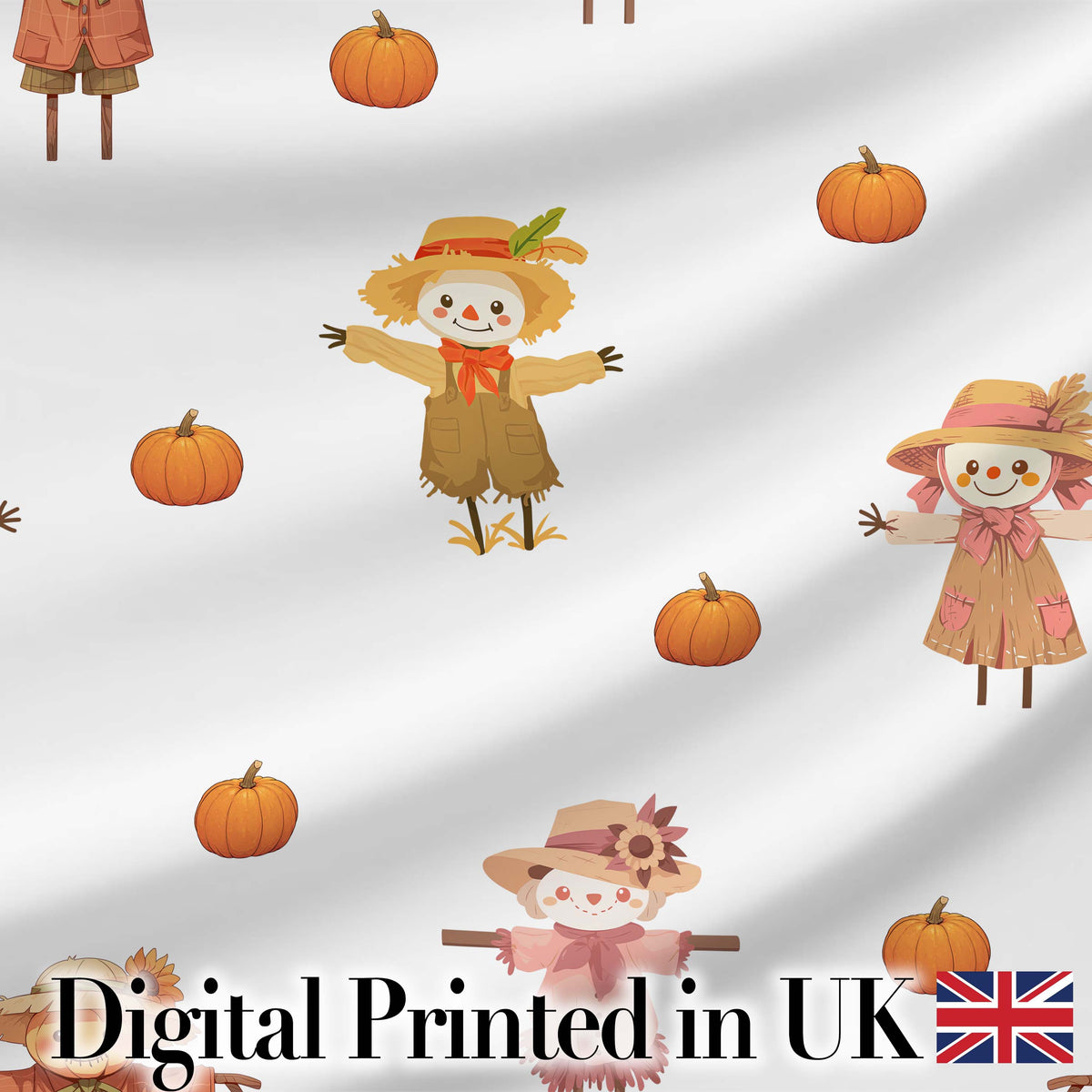 Cute Autumn Scarecrow Pumpkin Farm Theme Seamless Pattern Digital Print Fabric by the Metre UK Sewing Quilting Textile