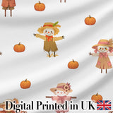 Cute Autumn Scarecrow Pumpkin Farm Theme Seamless Pattern Digital Print Fabric by the Metre UK Sewing Quilting Textile