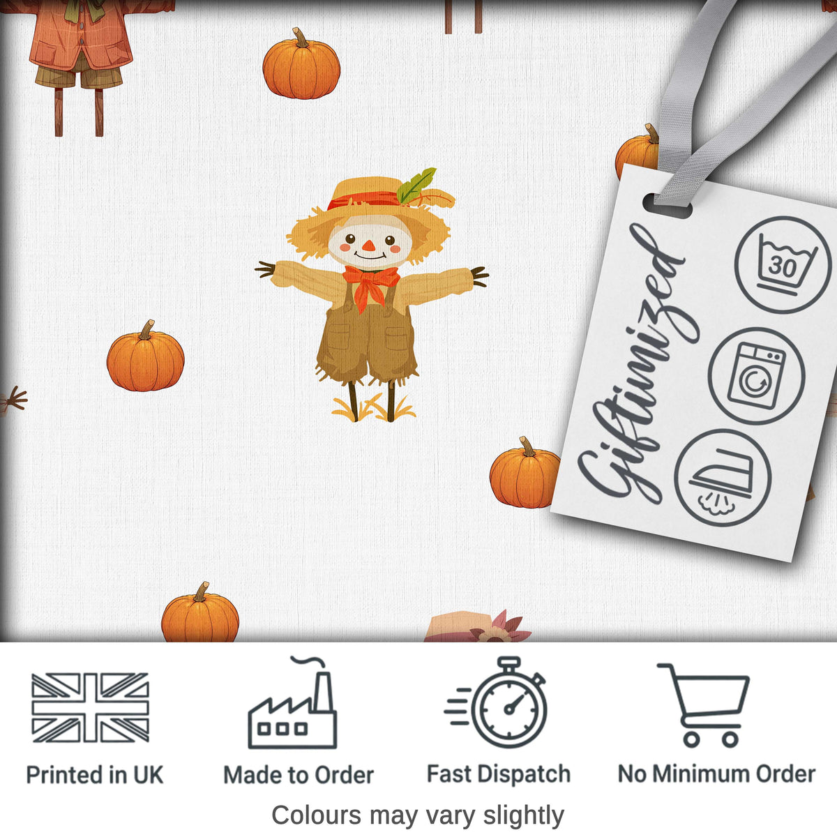 Cute Autumn Scarecrow Pumpkin Farm Theme Seamless Pattern Digital Print Fabric by the Metre UK Sewing Quilting Textile