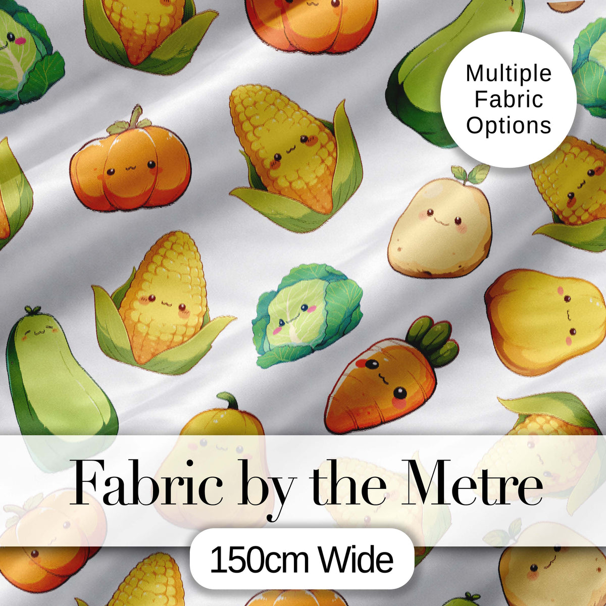 Cute Kawaii Vegetables Corn Carrot Cabbage Pumpkin Seamless Pattern Digital Print Fabric by the Metre UK Sewing Quilting Textile