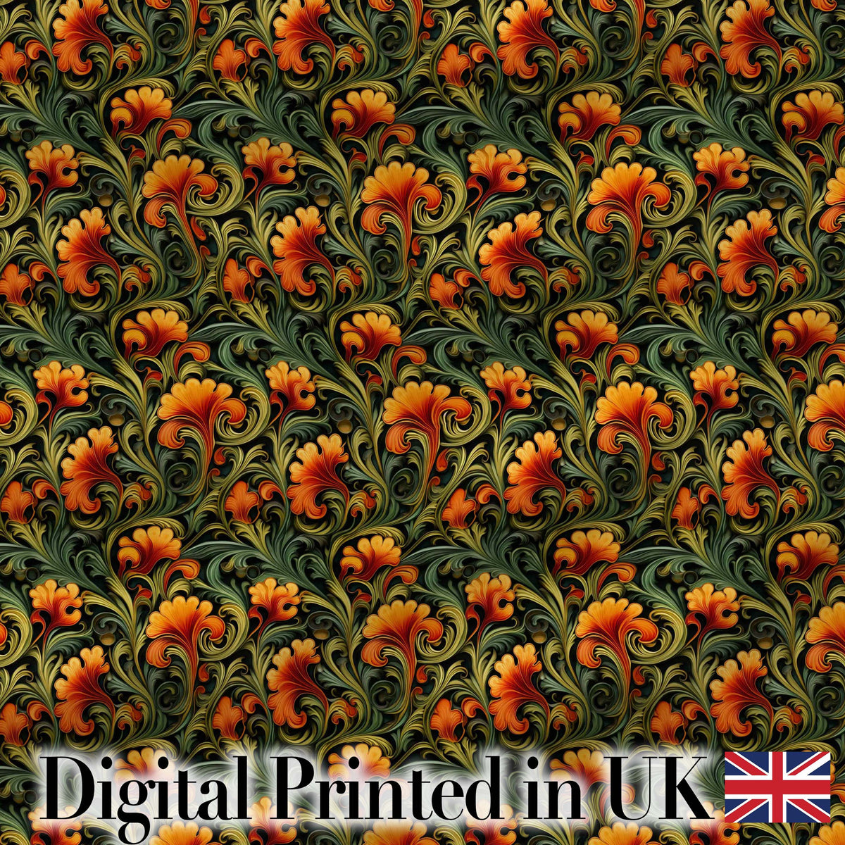 Elegant Vintage Floral Orange Green Classic Seamless Pattern Digital Print Fabric by the Metre UK Sewing Quilting Textile