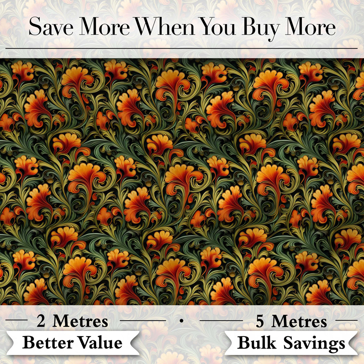 Elegant Vintage Floral Orange Green Classic Seamless Pattern Digital Print Fabric by the Metre UK Sewing Quilting Textile