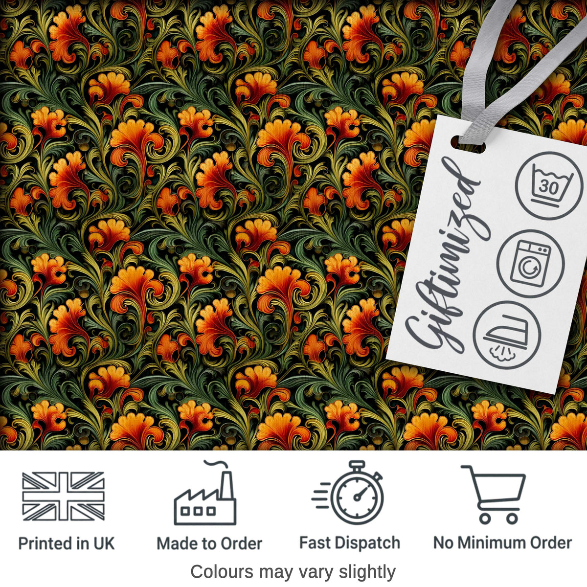 Elegant Vintage Floral Orange Green Classic Seamless Pattern Digital Print Fabric by the Metre UK Sewing Quilting Textile