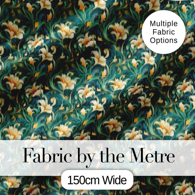 Elegant Vintage Floral Gold Teal Luxury Seamless Pattern Digital Print Fabric by the Metre UK Sewing Quilting Textile