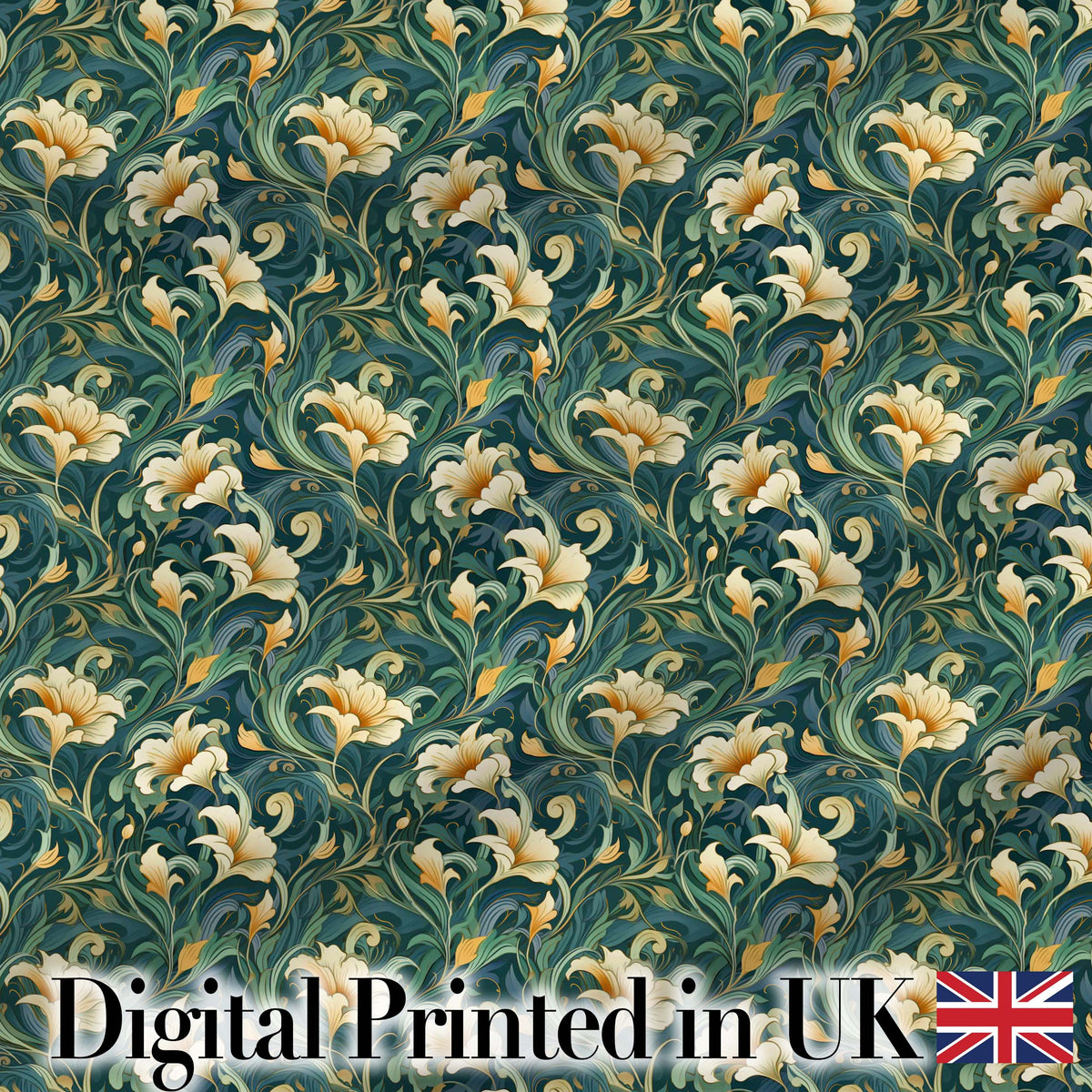 Elegant Vintage Floral Gold Teal Luxury Seamless Pattern Digital Print Fabric by the Metre UK Sewing Quilting Textile