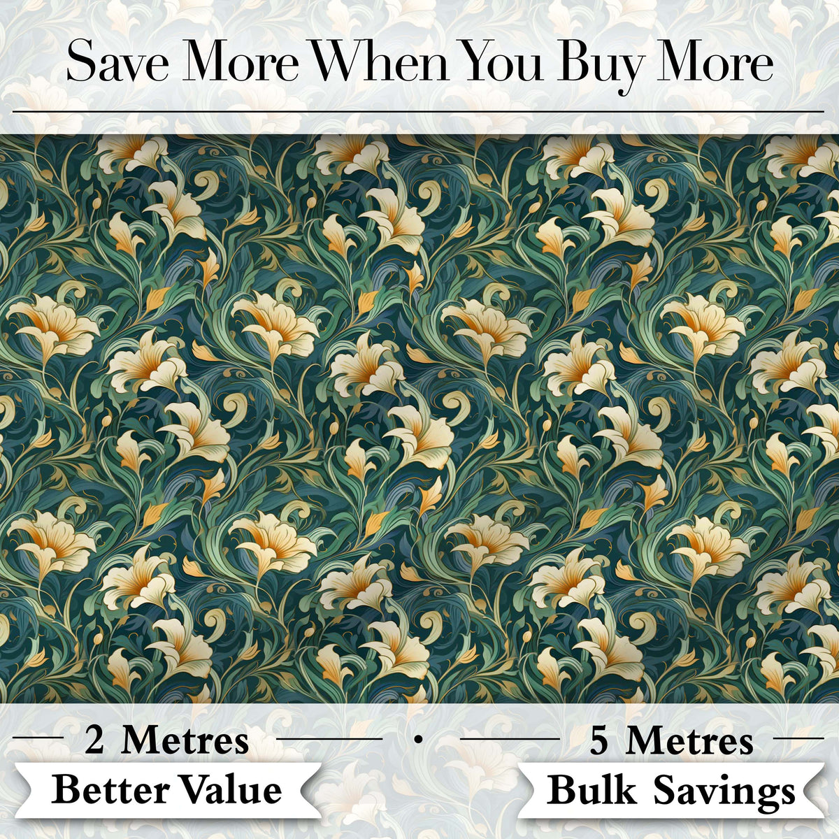 Elegant Vintage Floral Gold Teal Luxury Seamless Pattern Digital Print Fabric by the Metre UK Sewing Quilting Textile