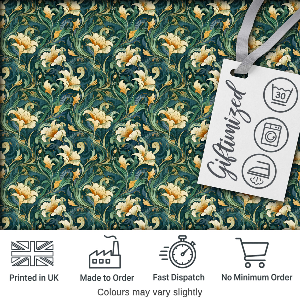 Elegant Vintage Floral Gold Teal Luxury Seamless Pattern Digital Print Fabric by the Metre UK Sewing Quilting Textile