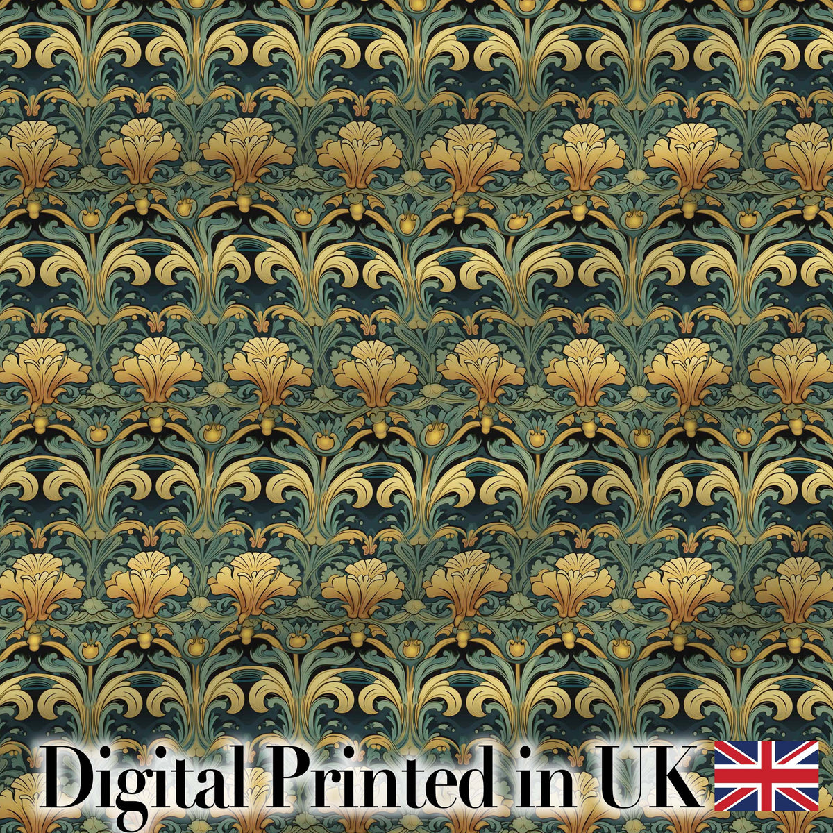 Elegant Vintage Floral Classic Green Gold Seamless Pattern Digital Print Fabric by the Metre UK Sewing Quilting Textile