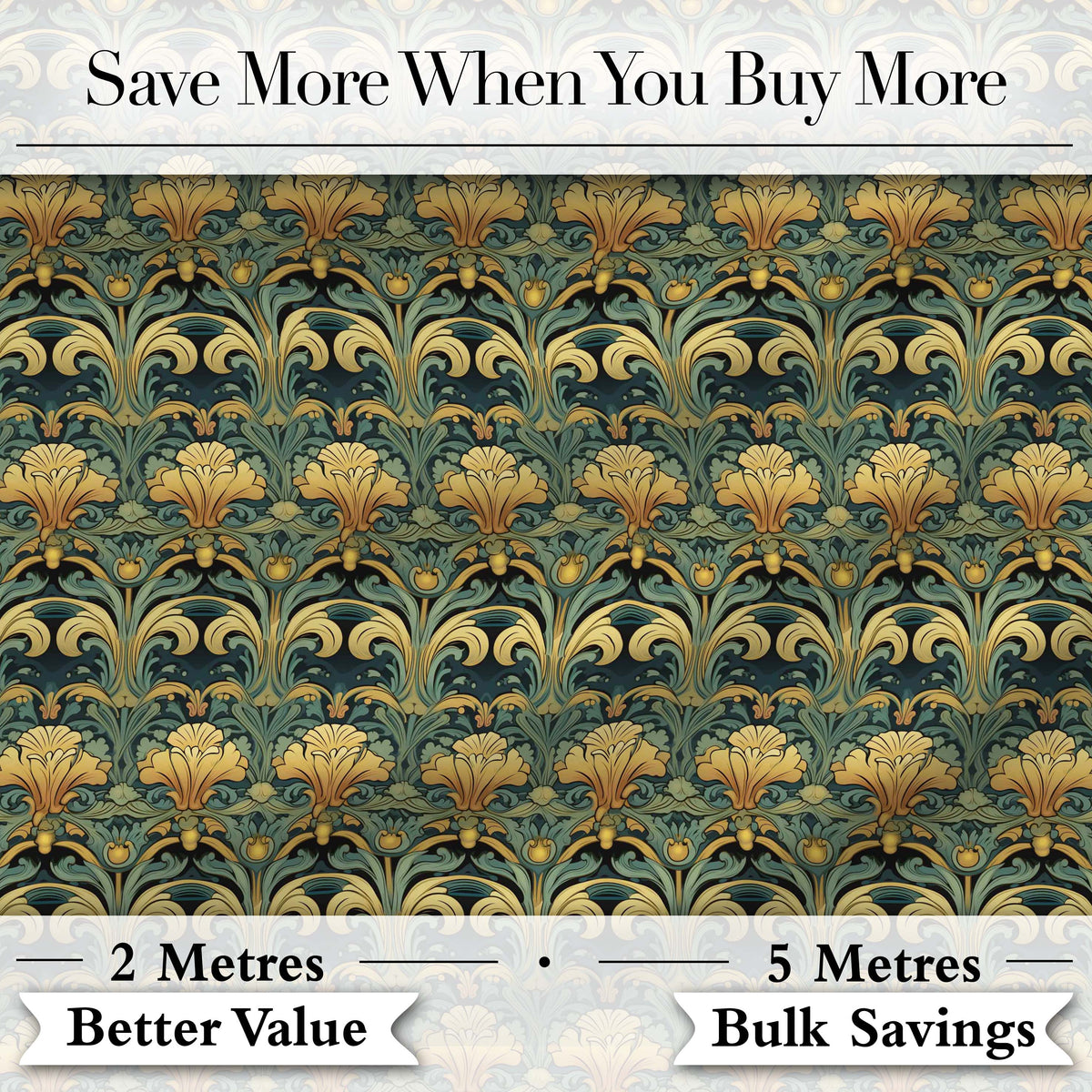 Elegant Vintage Floral Classic Green Gold Seamless Pattern Digital Print Fabric by the Metre UK Sewing Quilting Textile