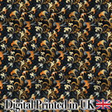 Elegant Orange Gold Floral Vine Dark Background Seamless Pattern Digital Print Fabric by the Metre UK Sewing Quilting Textile