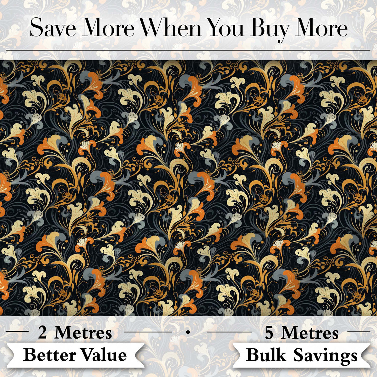 Elegant Orange Gold Floral Vine Dark Background Seamless Pattern Digital Print Fabric by the Metre UK Sewing Quilting Textile
