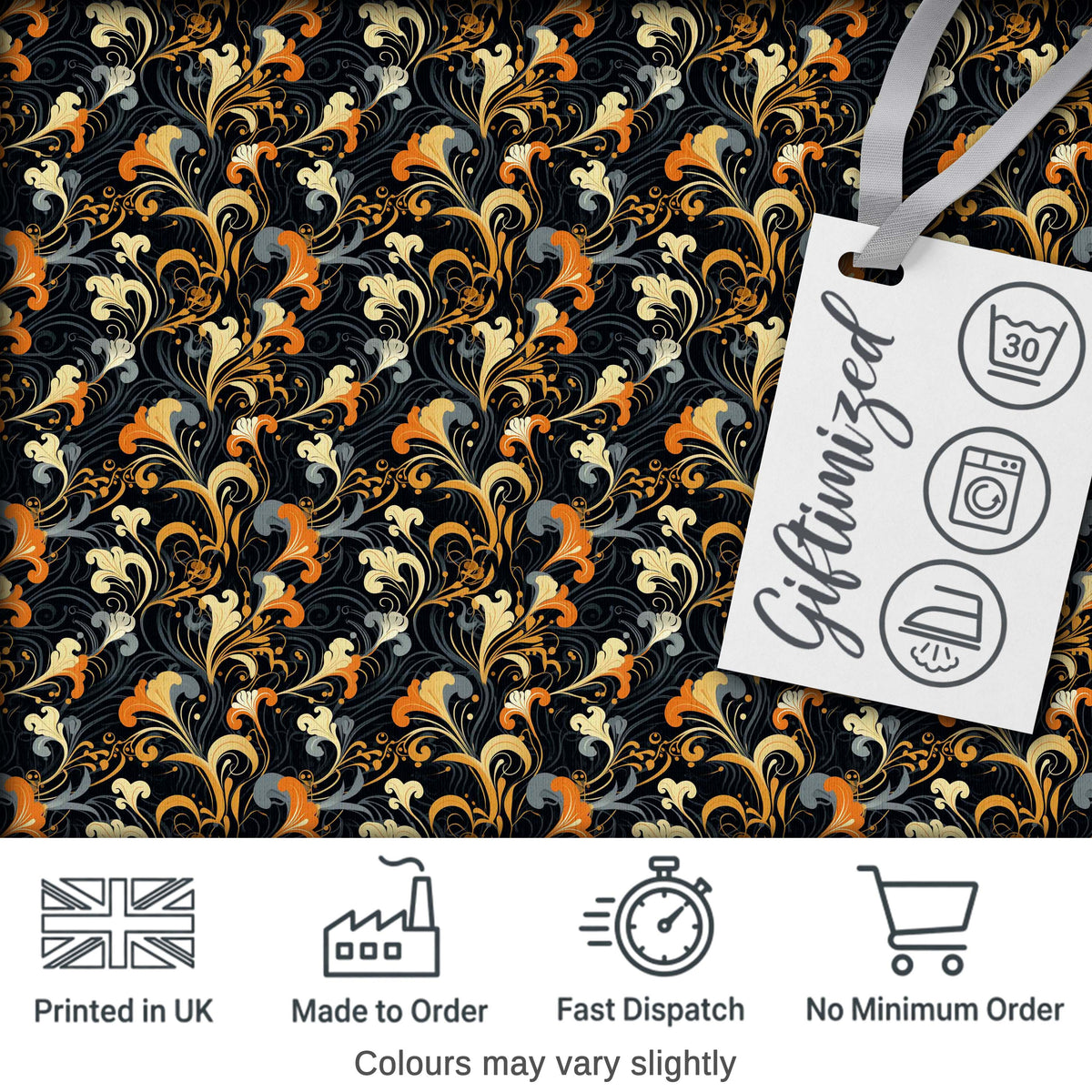 Elegant Orange Gold Floral Vine Dark Background Seamless Pattern Digital Print Fabric by the Metre UK Sewing Quilting Textile
