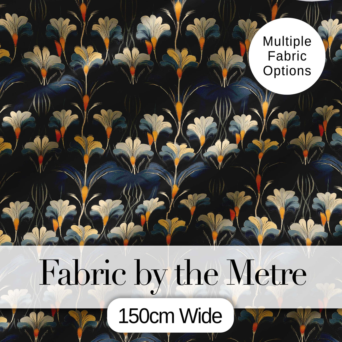 Art Deco Fan Floral Blue Gold Seamless Pattern Digital Print Fabric by the Metre UK Sewing Quilting Textile