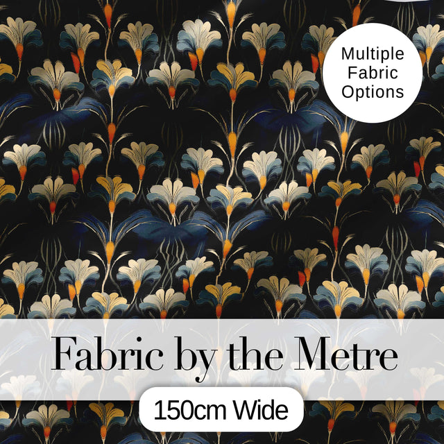 Art Deco Fan Floral Blue Gold Seamless Pattern Digital Print Fabric by the Metre UK Sewing Quilting Textile