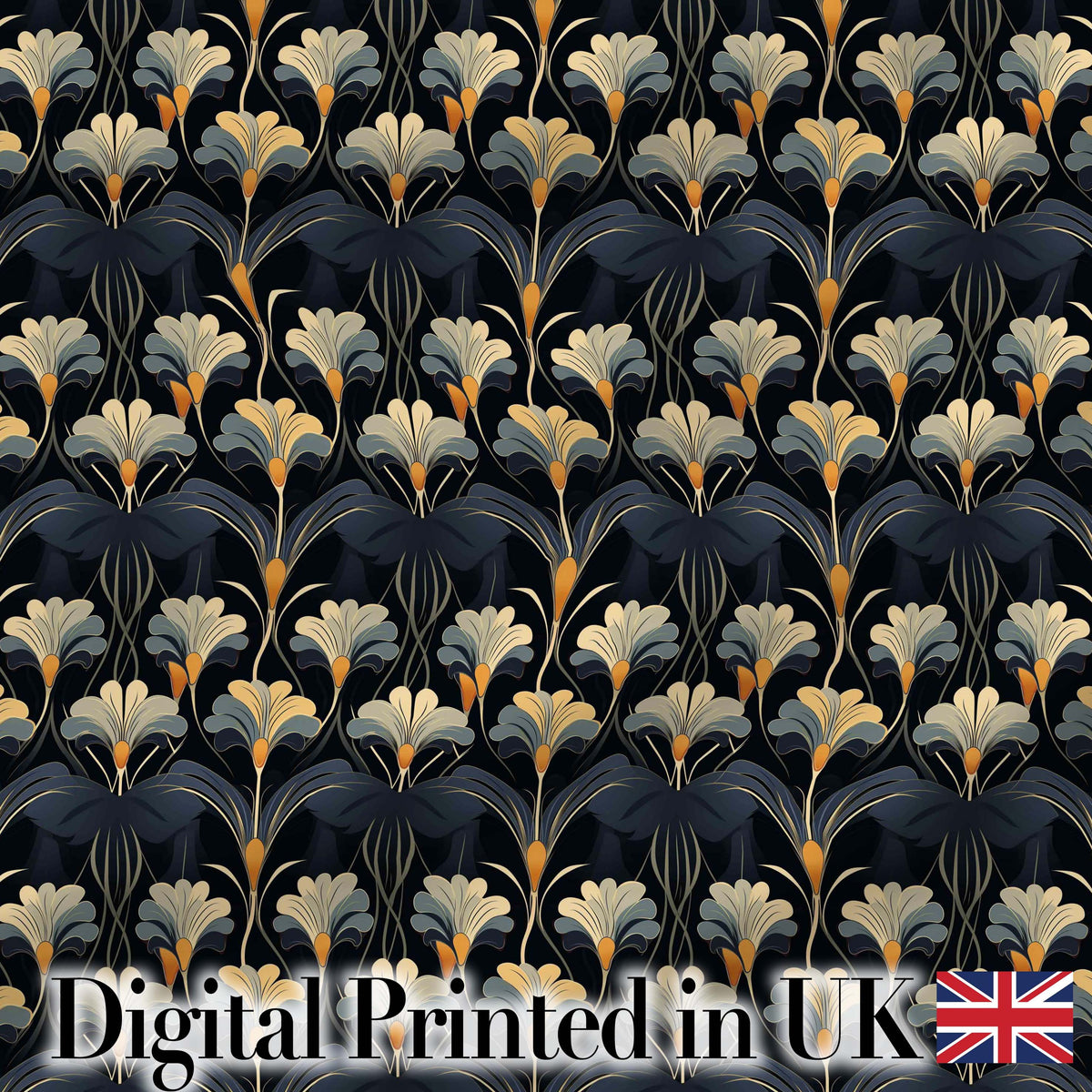 Art Deco Fan Floral Blue Gold Seamless Pattern Digital Print Fabric by the Metre UK Sewing Quilting Textile