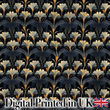Art Deco Fan Floral Blue Gold Seamless Pattern Digital Print Fabric by the Metre UK Sewing Quilting Textile