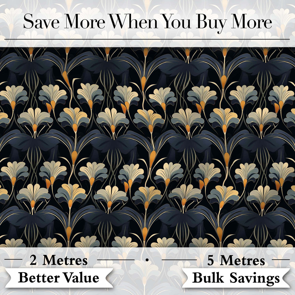 Art Deco Fan Floral Blue Gold Seamless Pattern Digital Print Fabric by the Metre UK Sewing Quilting Textile