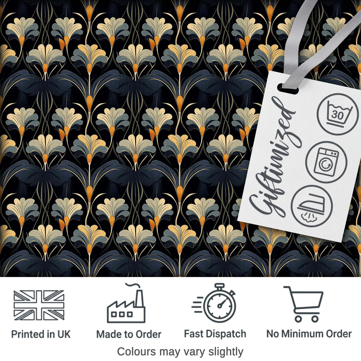 Art Deco Fan Floral Blue Gold Seamless Pattern Digital Print Fabric by the Metre UK Sewing Quilting Textile