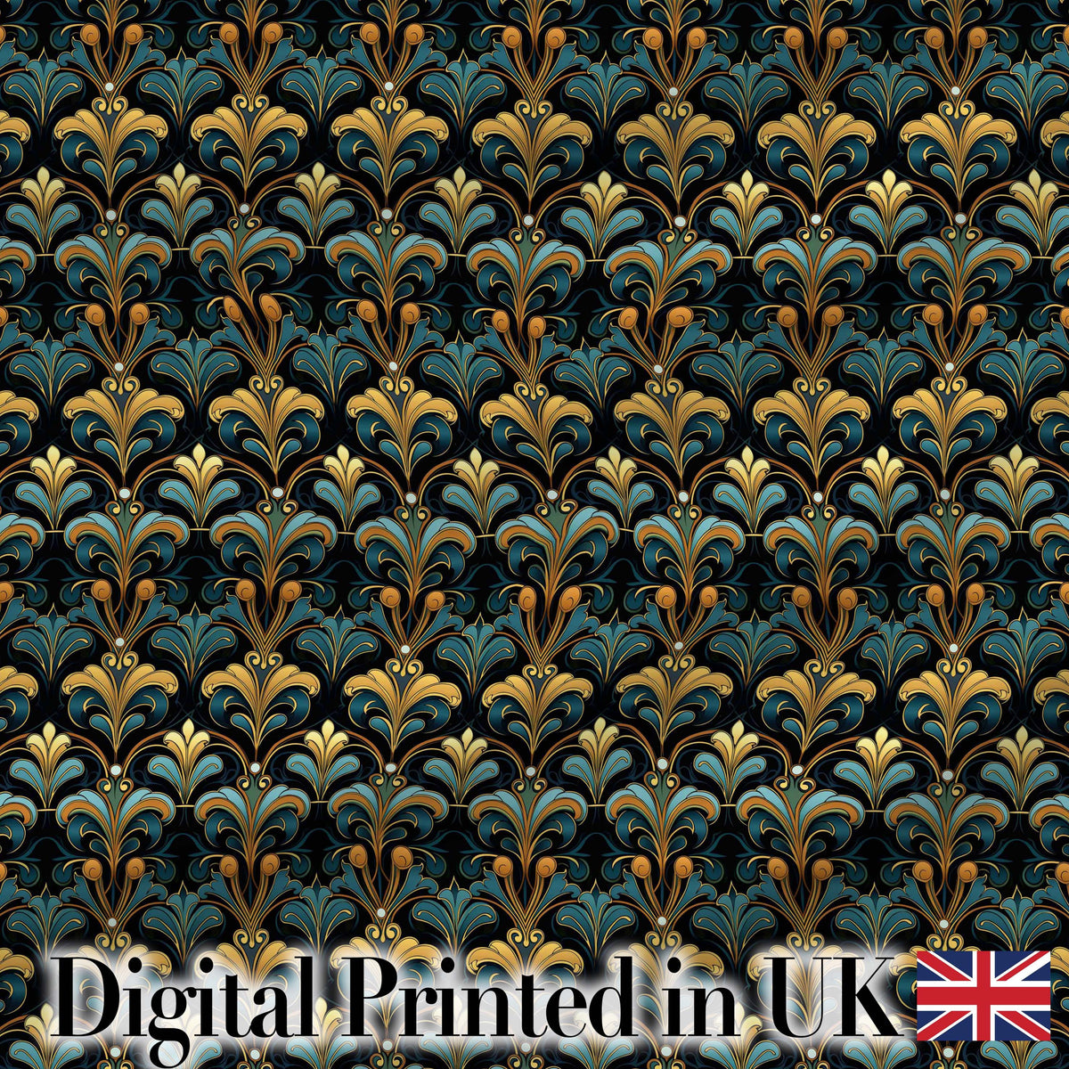 Luxury Teal Gold Ornate Damask Seamless Pattern Digital Print Fabric by the Metre UK Sewing Quilting Textile