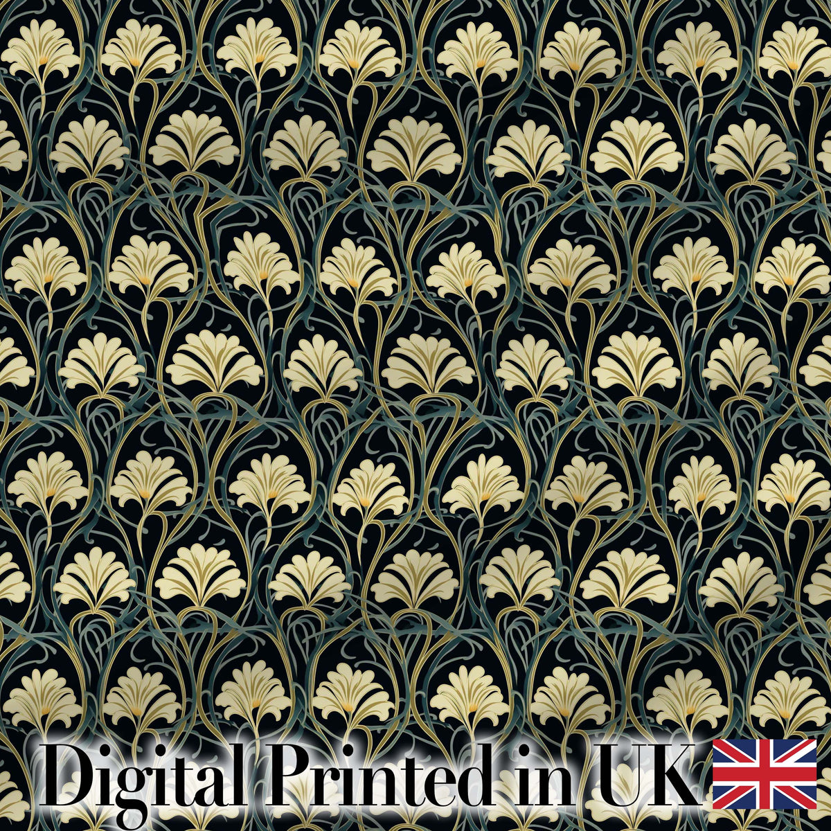 Elegant Gold Leaf Dark Floral Seamless Pattern Digital Print Fabric by the Metre UK Sewing Quilting Textile
