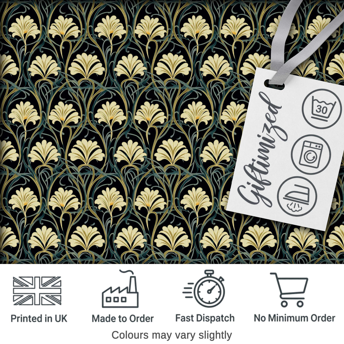 Elegant Gold Leaf Dark Floral Seamless Pattern Digital Print Fabric by the Metre UK Sewing Quilting Textile