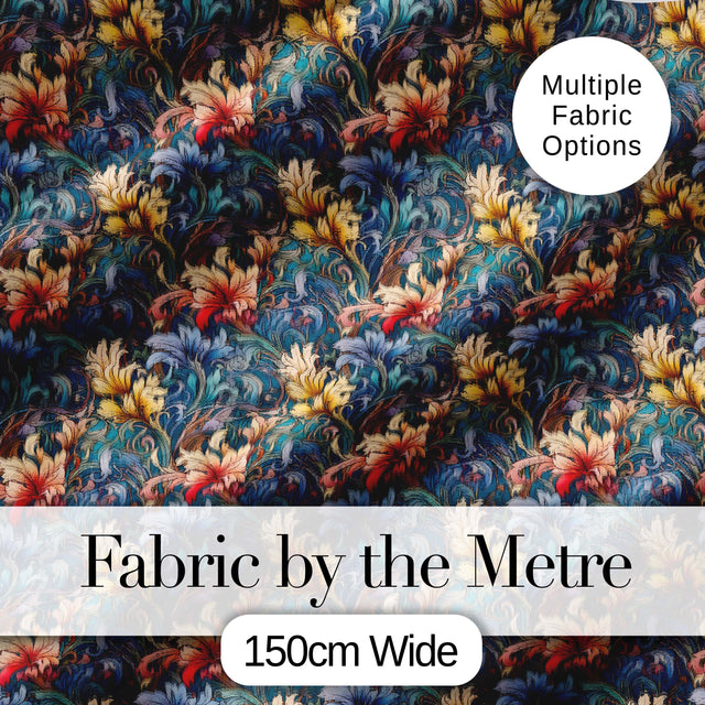 Vintage Blue Red Floral Swirl Art Nouveau Seamless Pattern Digital Print Fabric by the Metre UK Sewing Quilting Textile