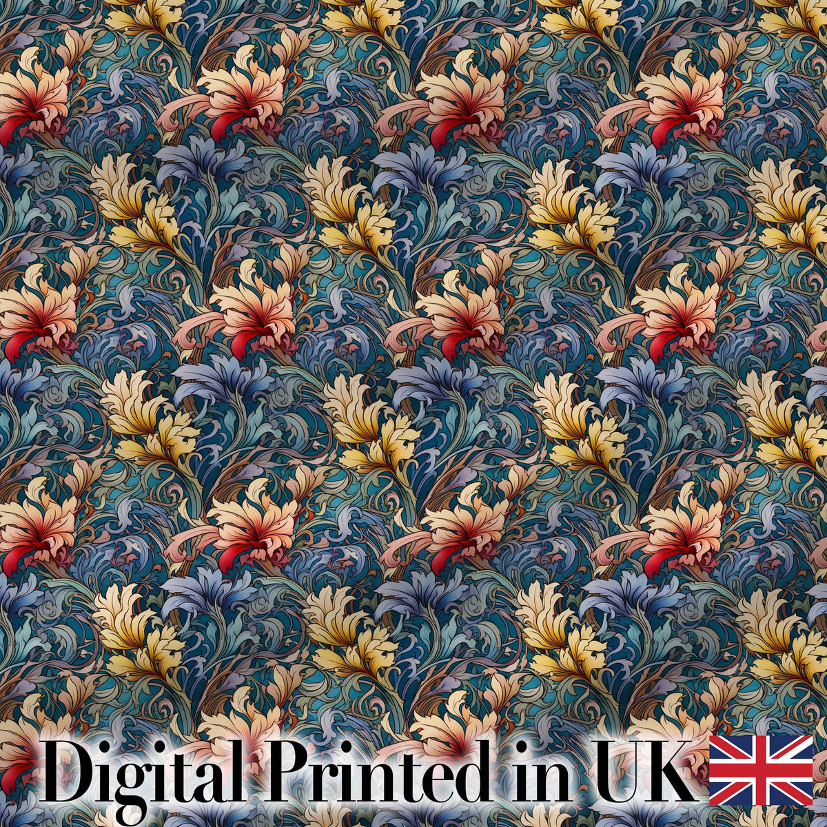 Vintage Blue Red Floral Swirl Art Nouveau Seamless Pattern Digital Print Fabric by the Metre UK Sewing Quilting Textile