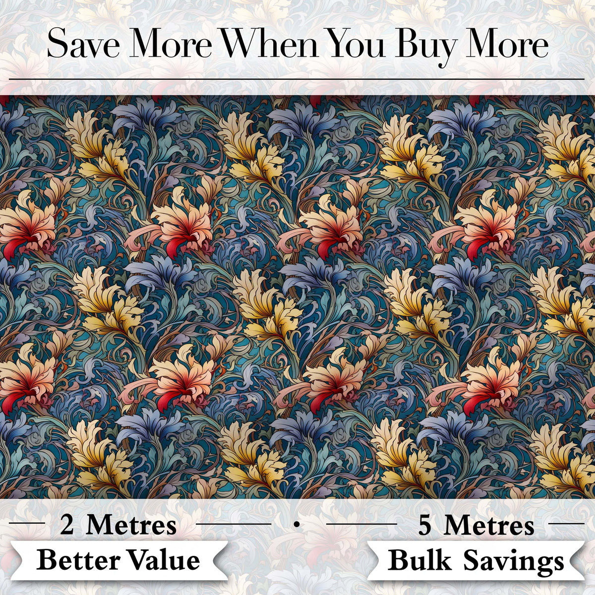Vintage Blue Red Floral Swirl Art Nouveau Seamless Pattern Digital Print Fabric by the Metre UK Sewing Quilting Textile