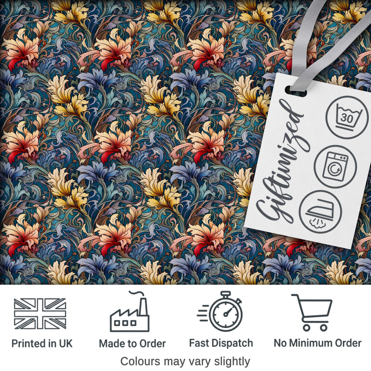 Vintage Blue Red Floral Swirl Art Nouveau Seamless Pattern Digital Print Fabric by the Metre UK Sewing Quilting Textile