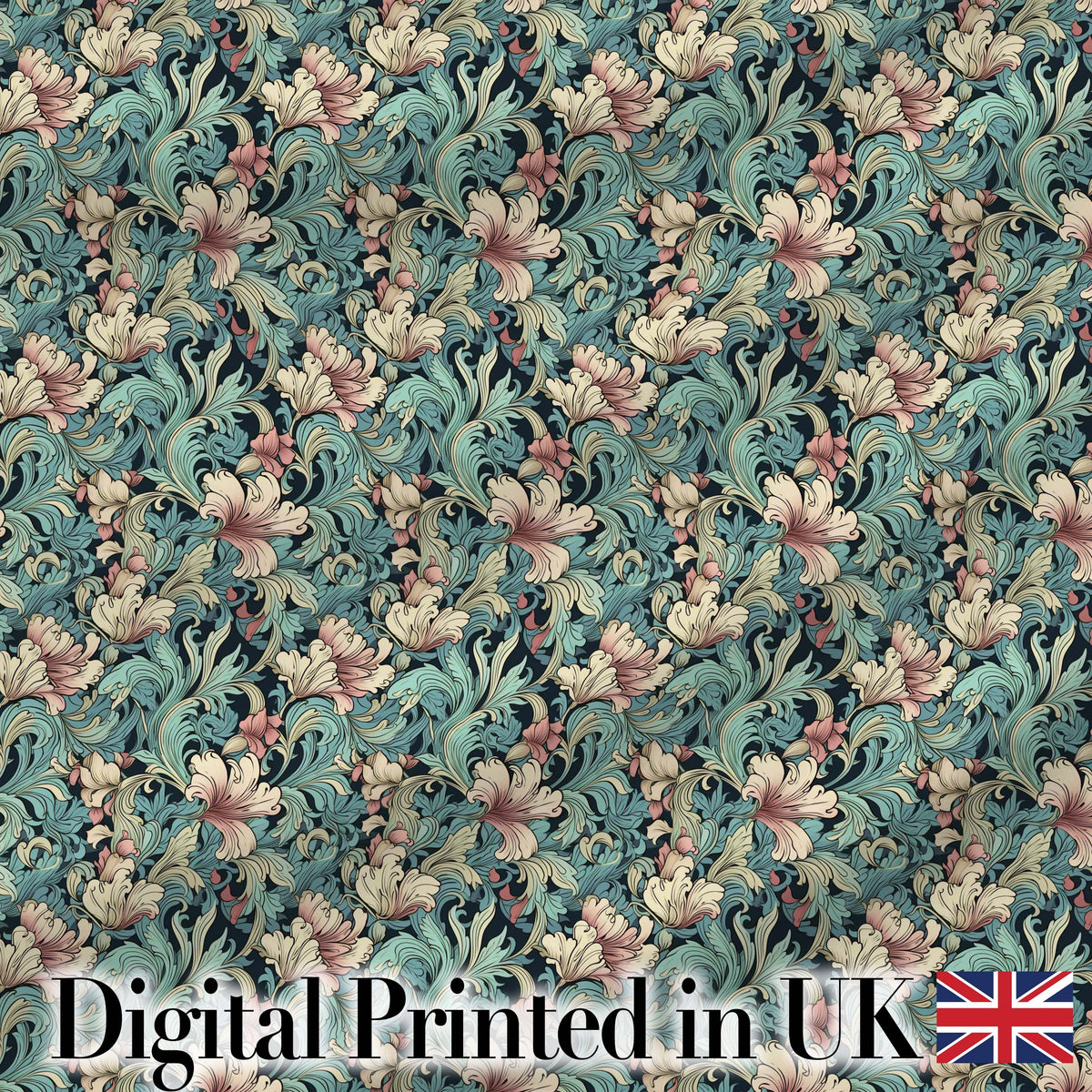 Soft Teal Pink Floral Vine Classic Seamless Pattern Digital Print Fabric by the Metre UK Sewing Quilting Textile