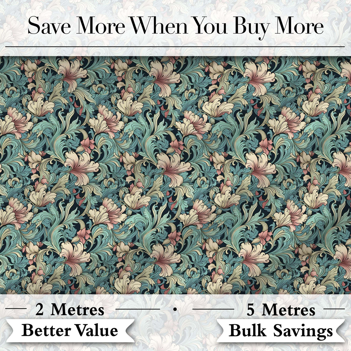 Soft Teal Pink Floral Vine Classic Seamless Pattern Digital Print Fabric by the Metre UK Sewing Quilting Textile