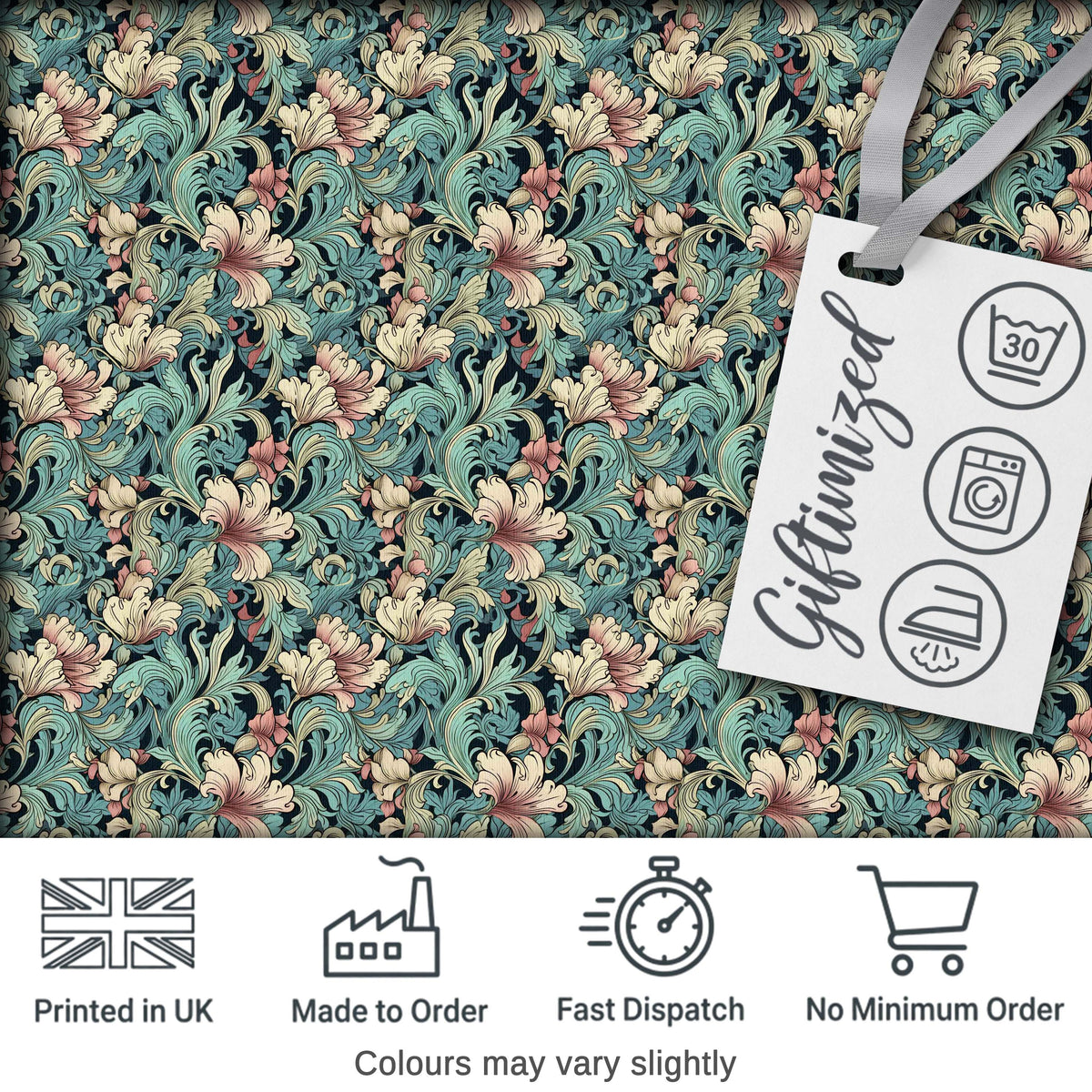 Soft Teal Pink Floral Vine Classic Seamless Pattern Digital Print Fabric by the Metre UK Sewing Quilting Textile